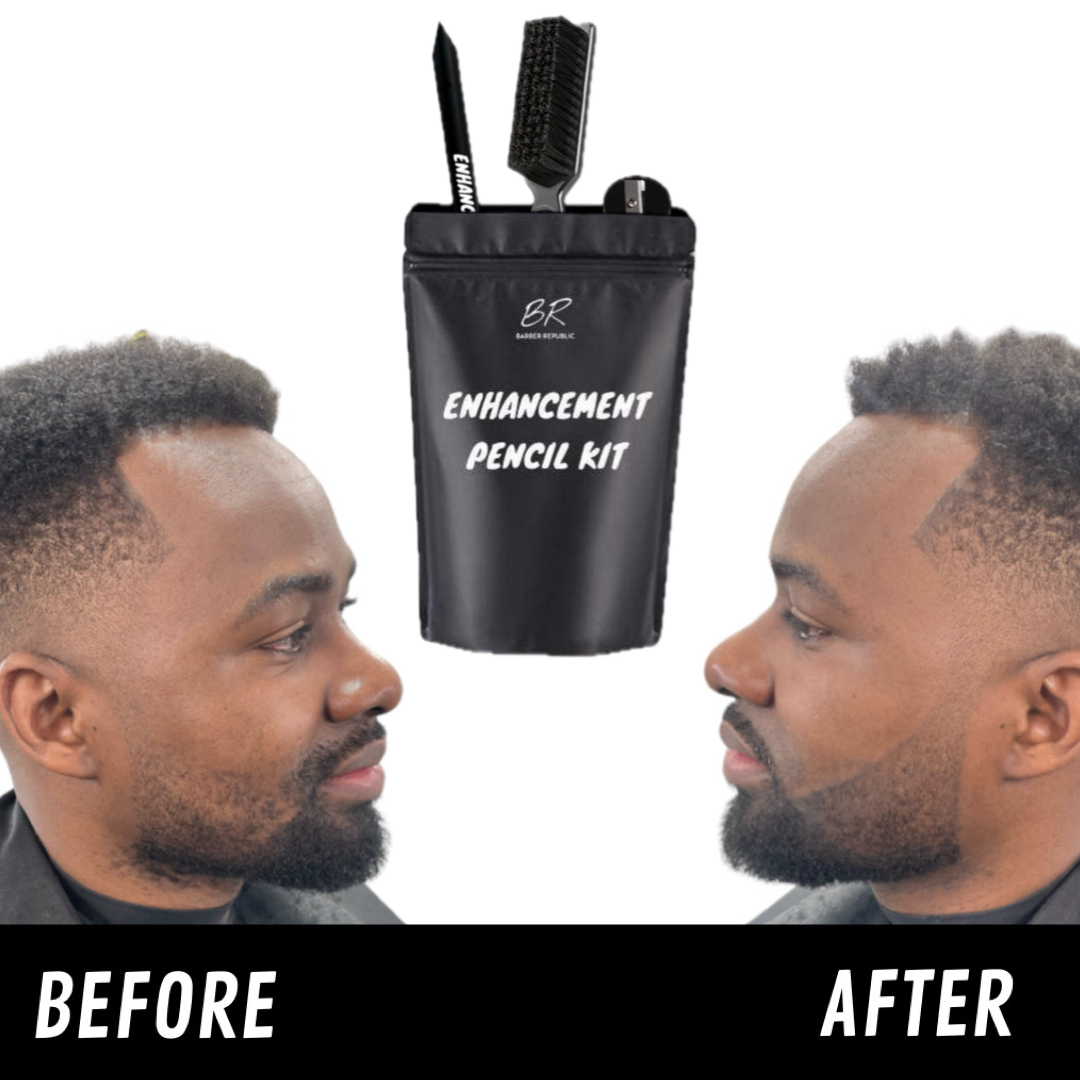Before and after using the Enhancement Pencil Kit, showing a sharper hairline and beard.